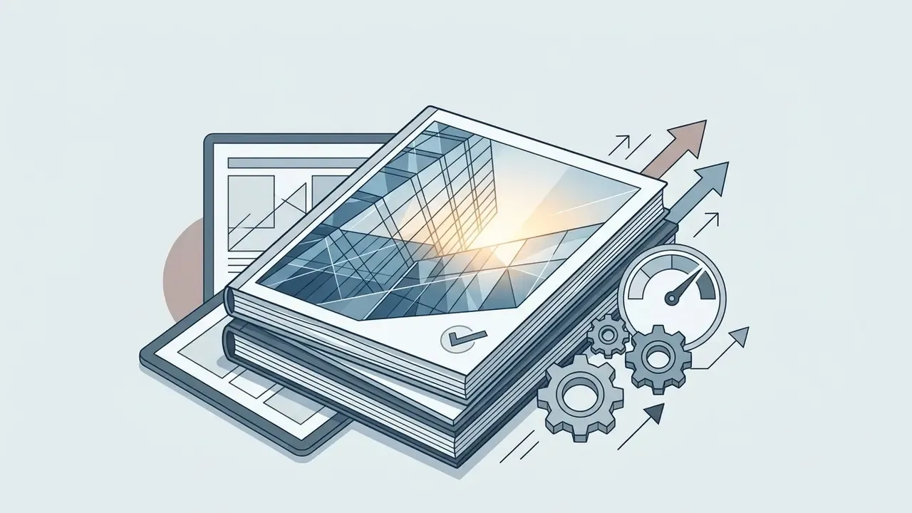 Stack of books featuring a glass office facade on the cover with gears and a gauge icon nearby