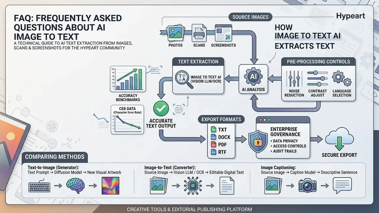 Technical workflow showing visual input processing, AI analysis, and secure export of digital text