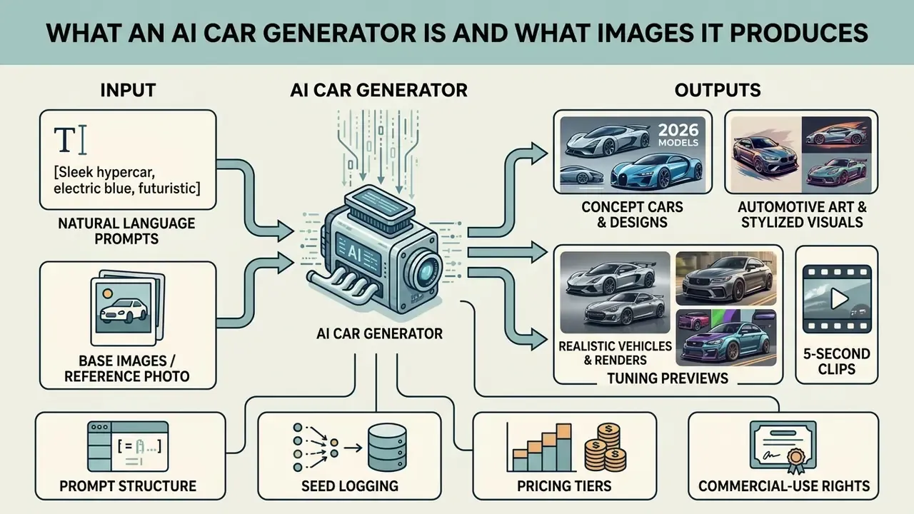 Diagram showing text and image inputs processed by an AI car generator into various automotive outputs