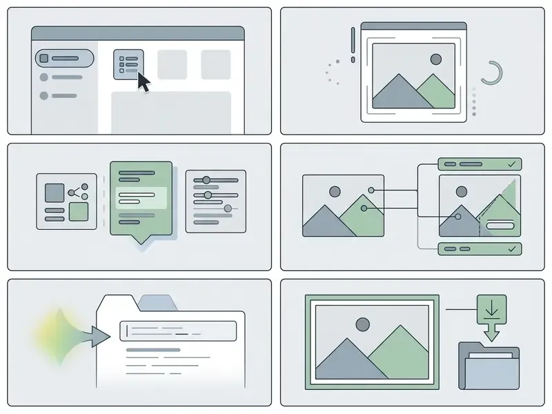 Six panels showing the process of selecting tools, generating images, refining prompts, and downloading files