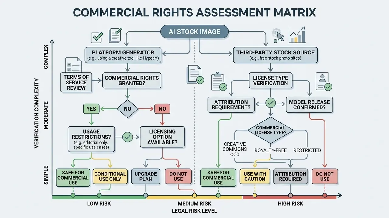 Decision matrix comparing legal risk and verification paths for generative and third-party visual assets