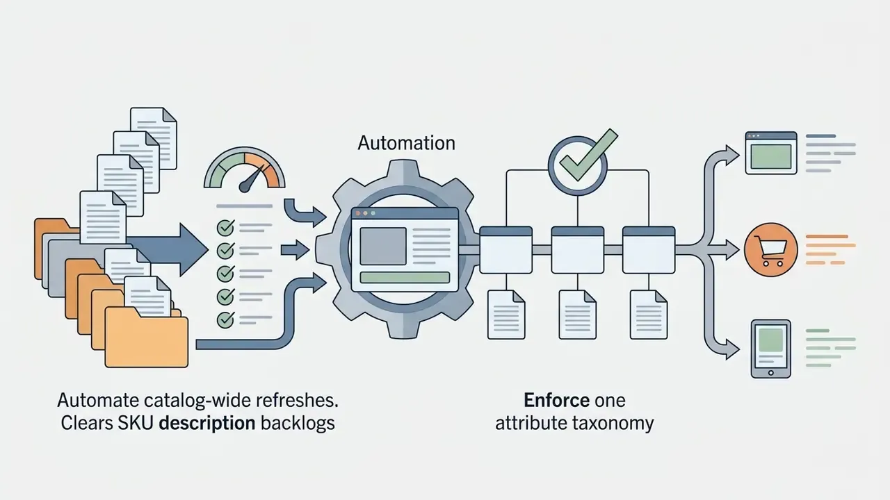 Folders and documents feeding into an automated gear mechanism that distributes content to digital channels