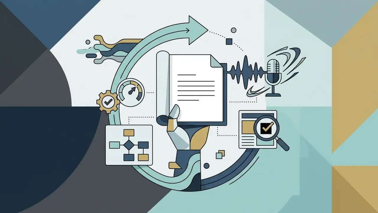 Robotic hand holding a document surrounded by icons for data analysis, audio recording, and quality review