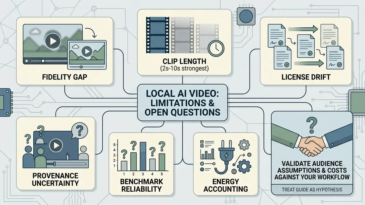 Central node connecting six boxes that summarize technical and ethical challenges in generative media