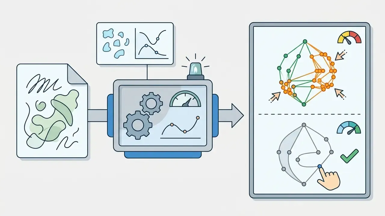 Sketch input processed by a mechanical system to refine complex node clusters into clean vector paths