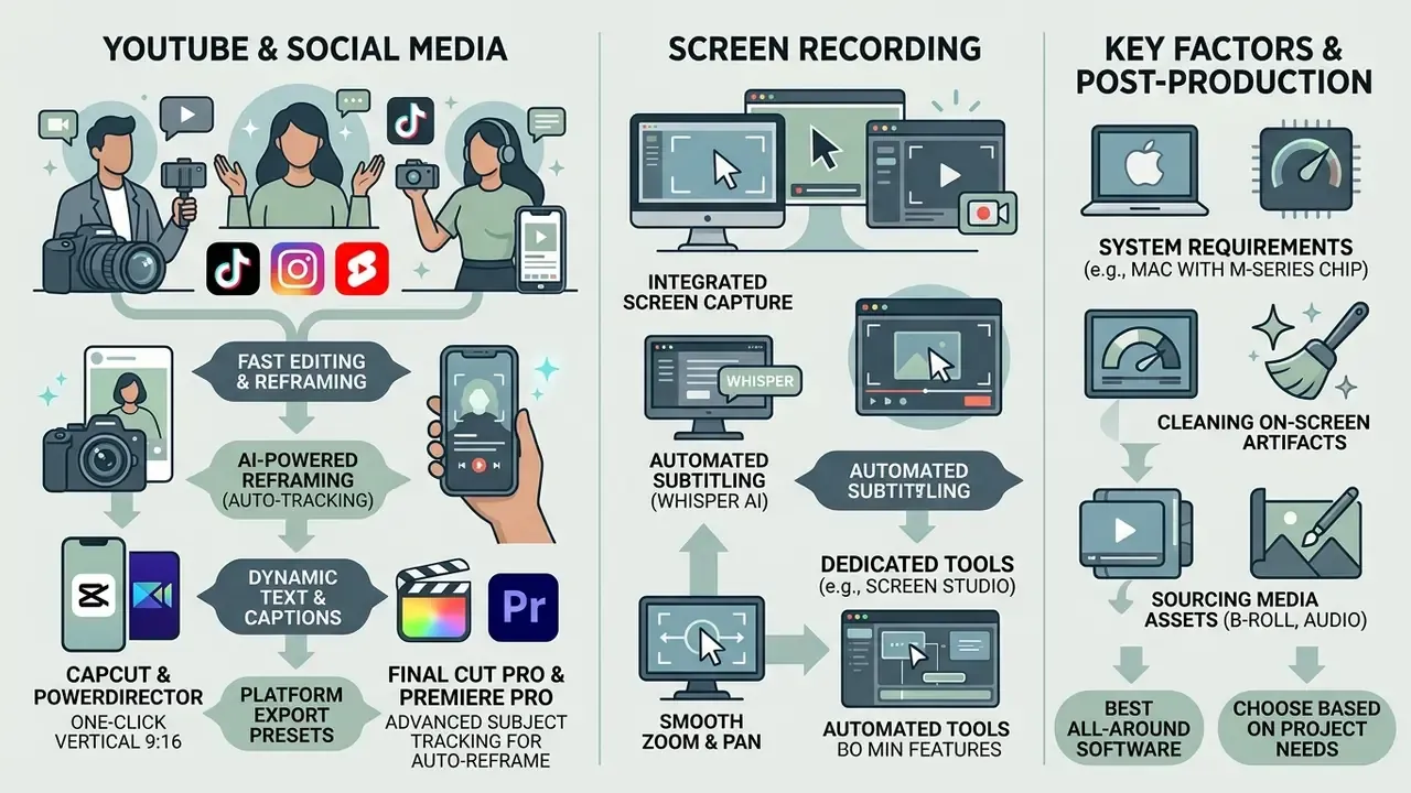 Infographic detailing workflows for social media content, screen recording, and post-production tasks