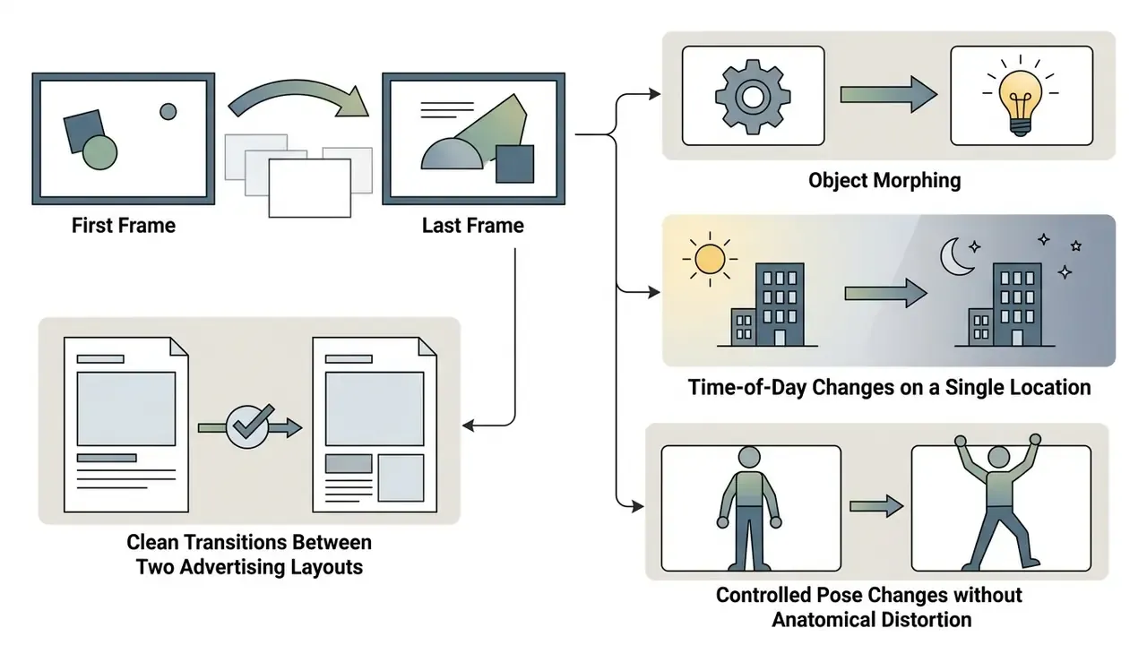 Visual representation of frame interpolation showing object morphing, lighting shifts, and pose changes