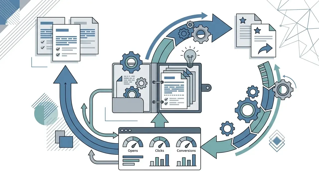 Performance metrics from a dashboard feeding into a central brief library to refine future content drafts