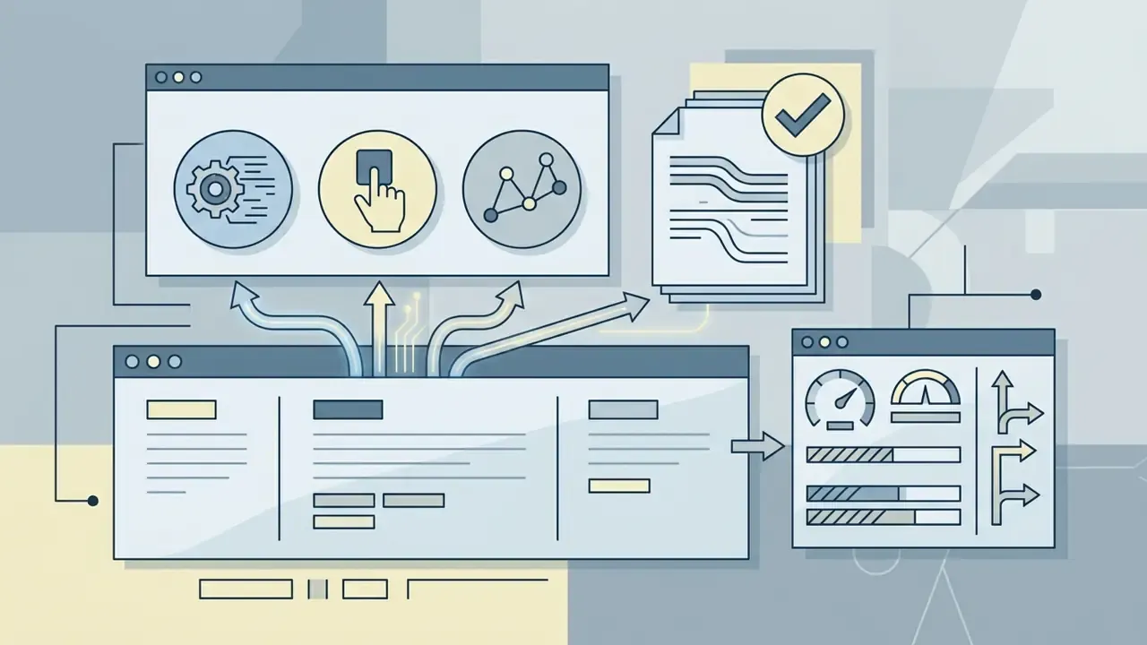 System of windows and icons showing data processing steps for AI Media API workflows