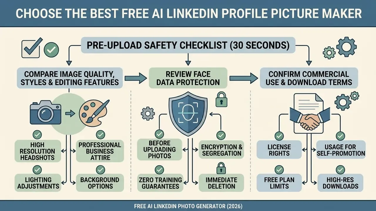 Flowchart outlining safety checks, quality features, and usage terms for an AI LinkedIn photo generator