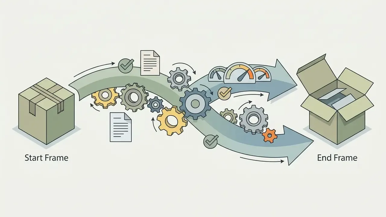 Sealed box transforming into an open box through a series of interconnected gears and process arrows