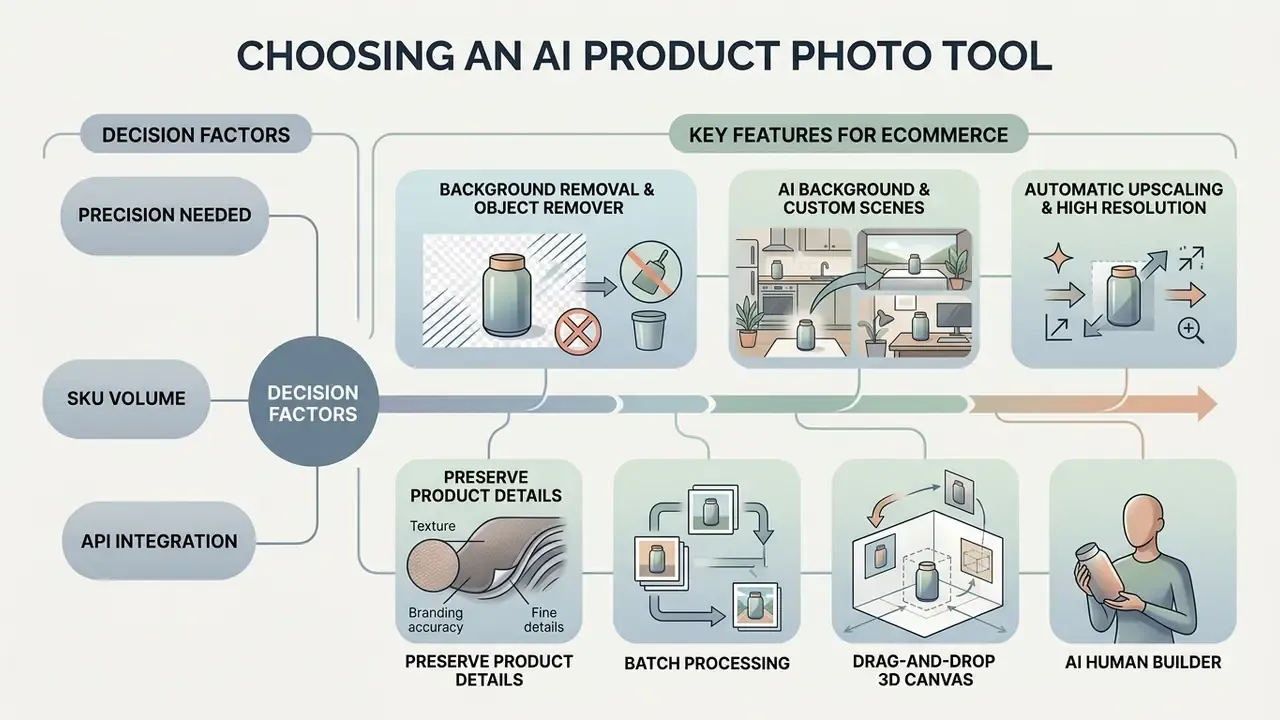 Flowchart outlining decision factors and key features to evaluate when selecting an AI product image generator