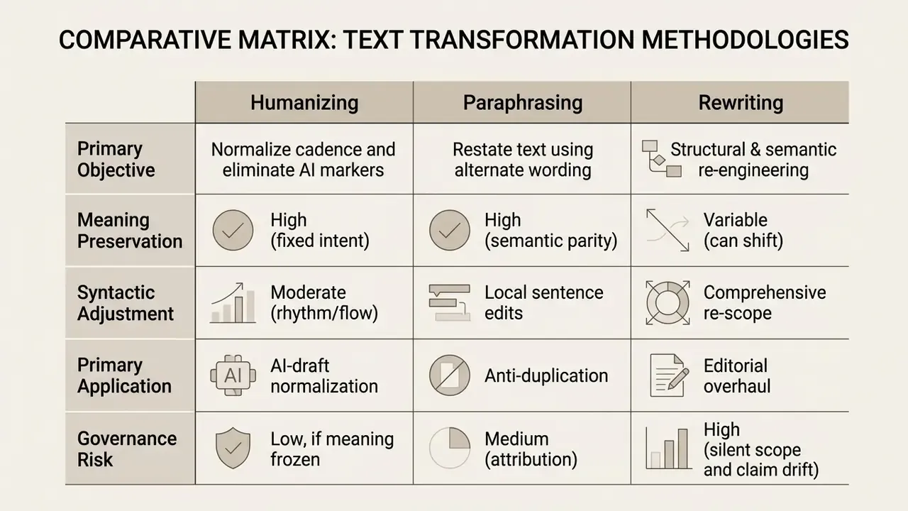 Comparative table contrasting humanizing, paraphrasing, and rewriting methods for text transformation