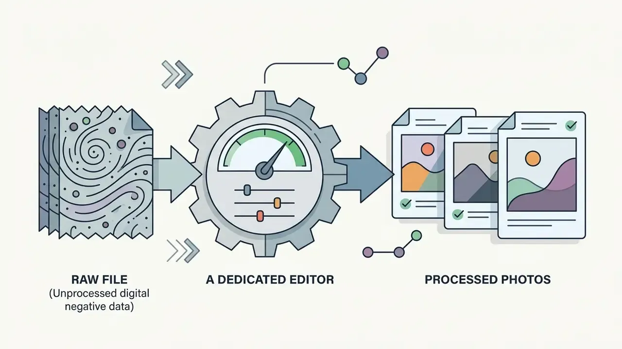 Diagram showing raw data files passing through a processing gear to become finished image files