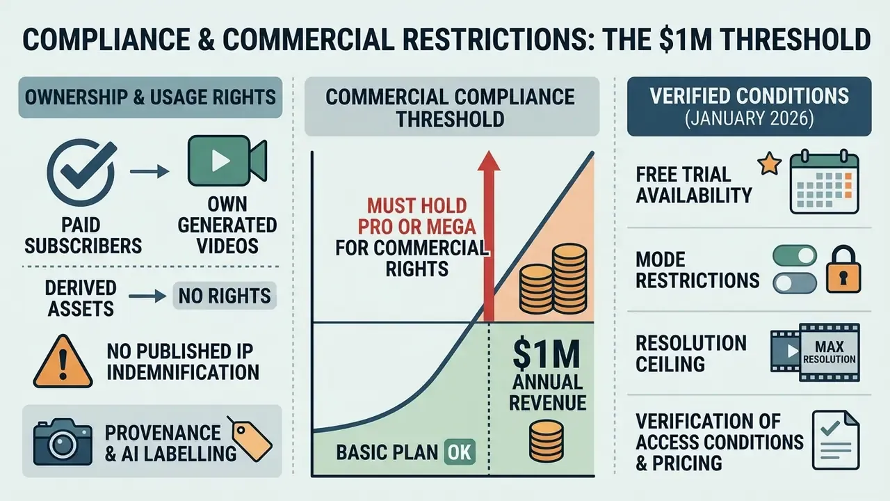 Infographic detailing ownership rights and the commercial revenue threshold for AI video subscriptions
