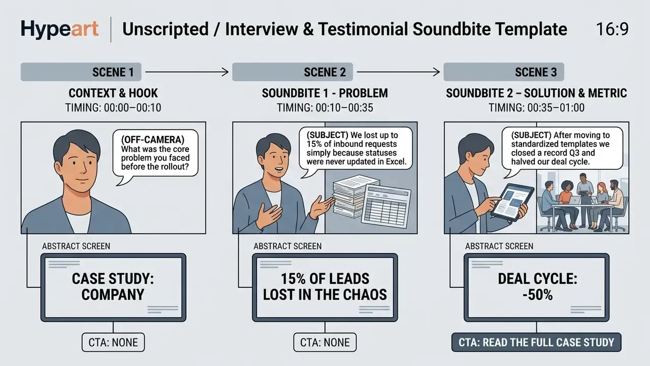 Three sequential panels showing speaker visuals, audio narration, and screen text for a testimonial video