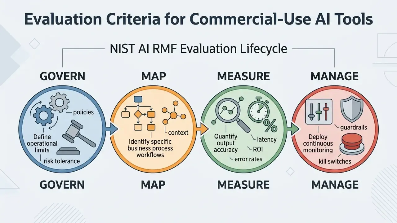 Four sequential circles illustrating the NIST AI RMF lifecycle stages of govern, map, measure, and manage