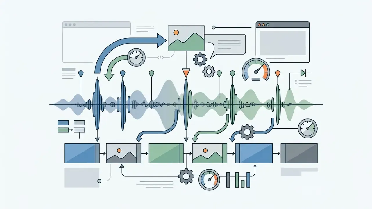 Audio waveform overlaid with markers and gears connecting to a sequence of image frames