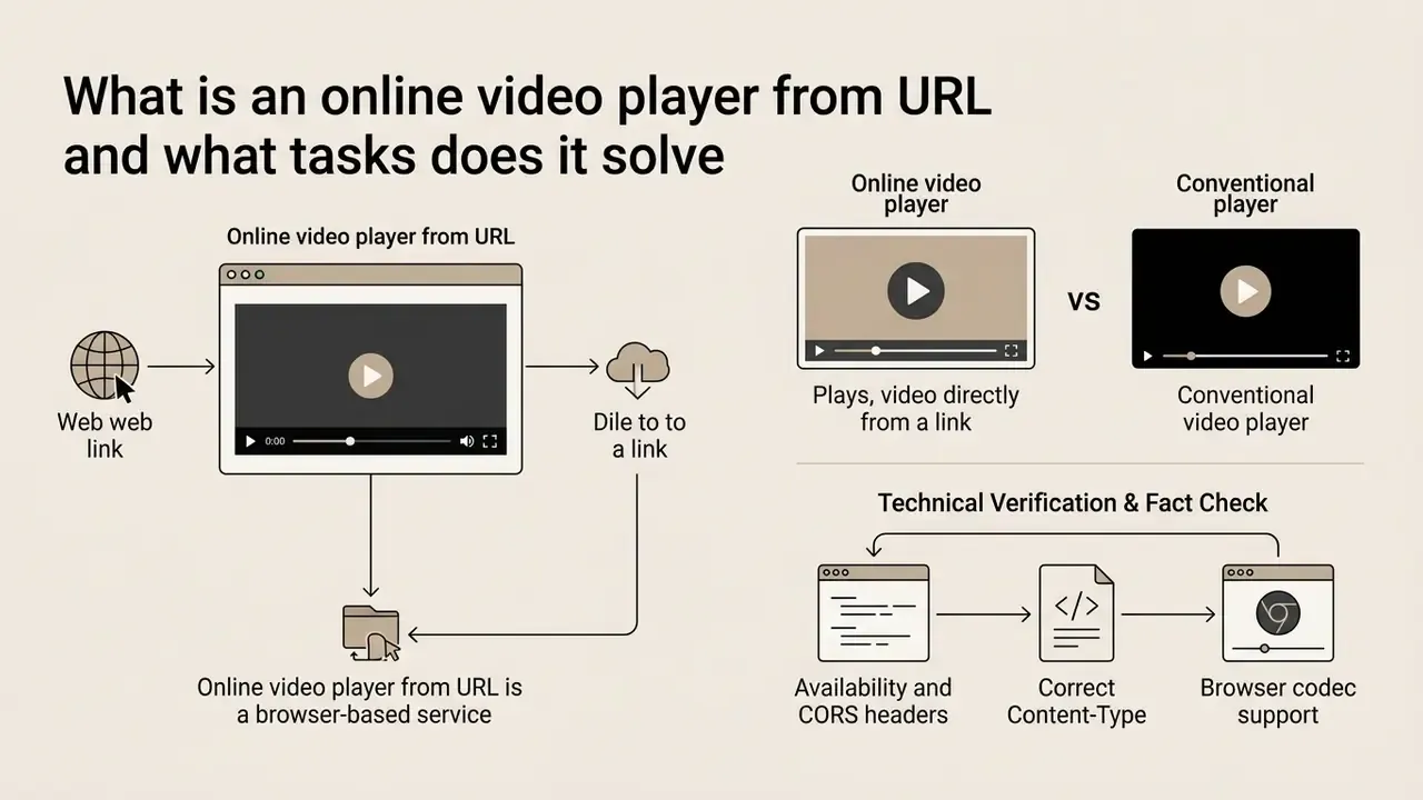 Diagram showing how an online video player from URL streams media directly without downloading files