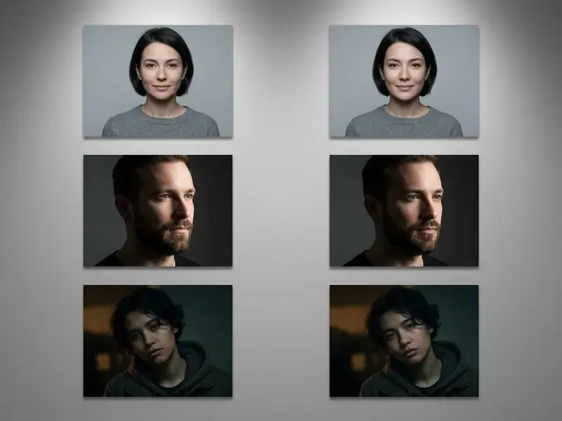Three pairs of before and after portraits showing AI face swap results across various lighting conditions