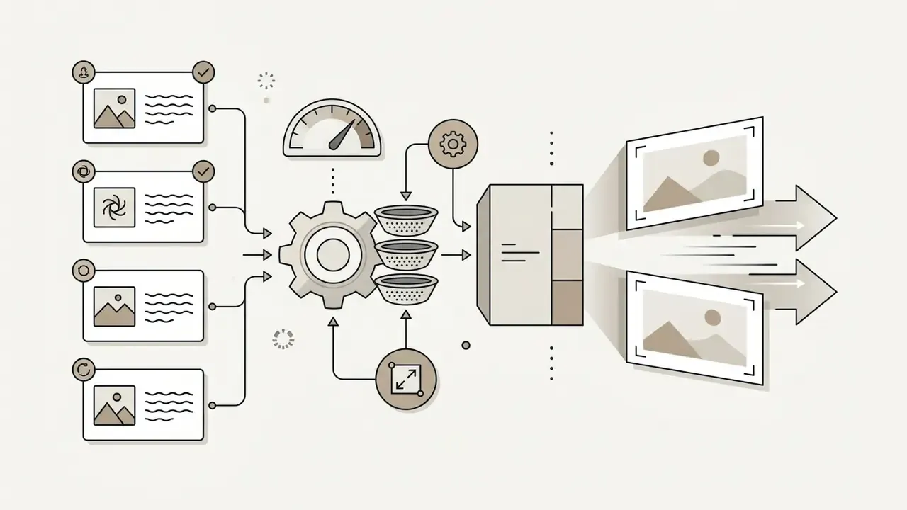 Linear icons showing input images processed through a central gear and filters to generate zoomed video frames