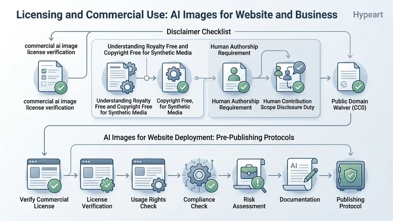 Flowchart outlining verification steps and pre-publishing protocols for commercial AI image usage