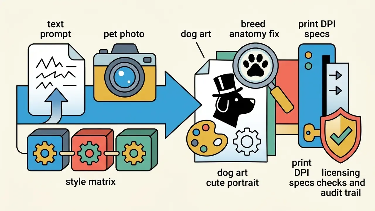 Diagram showing the process of generating canine portraits from prompts and photos using a style matrix