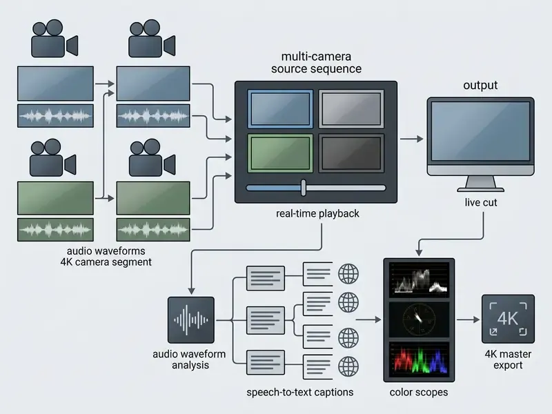 Diagram showing four camera feeds synchronized for multi-camera editing and automated caption generation