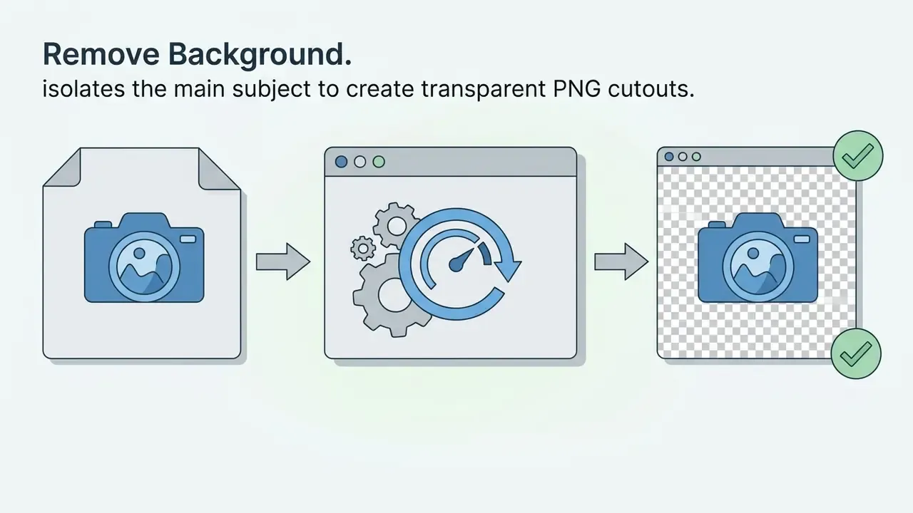 Sequence showing a camera icon file being processed by gears to produce a transparent background cutout