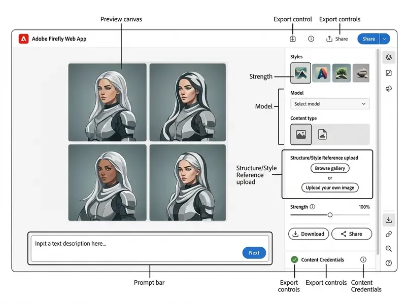 Annotated Adobe Firefly interface showing the prompt bar, side panel controls, and generated image preview