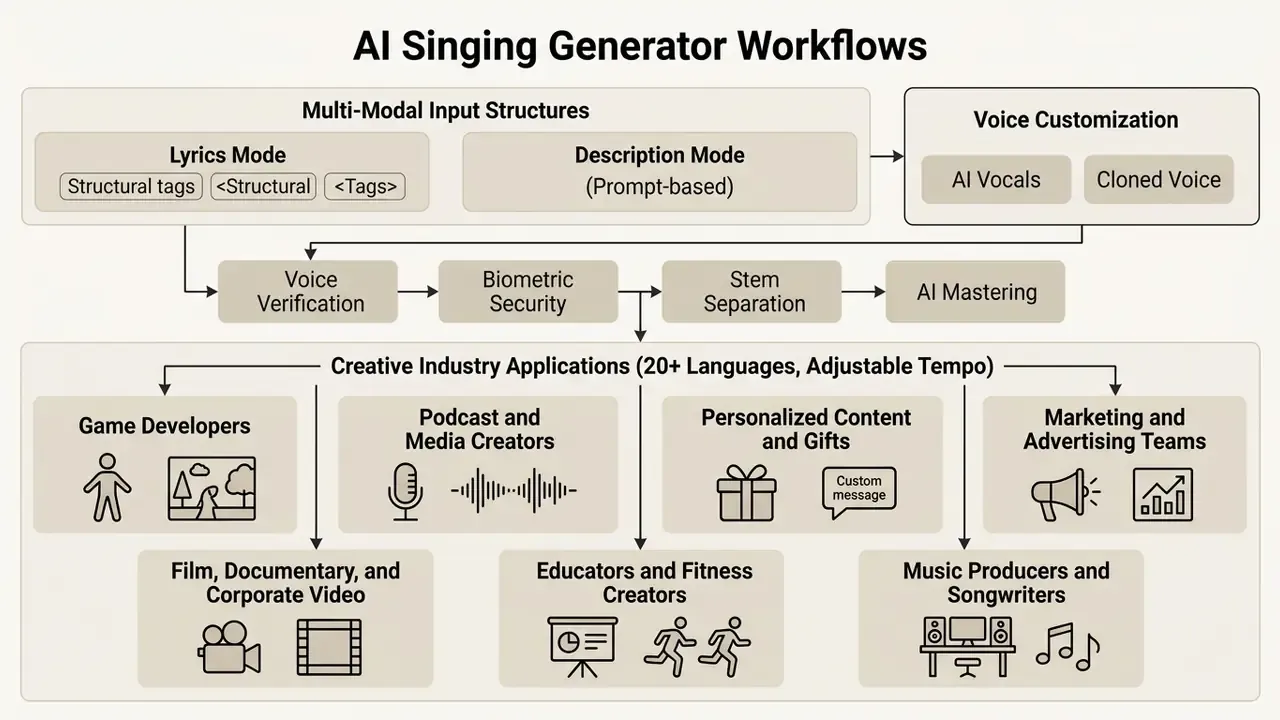 System map of input modes, security steps, and creative industry applications for vocal synthesis software