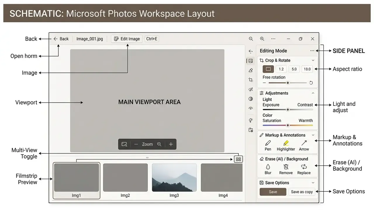Layout diagram of the Microsoft Photos workspace showing the main image viewport, filmstrip, and side editing panel