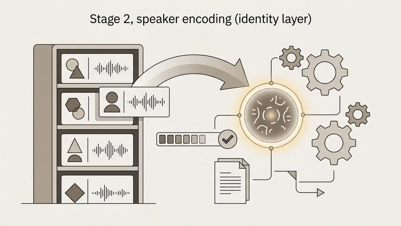 Shelf of voice profiles being selected and processed into a central neural network hub with gears