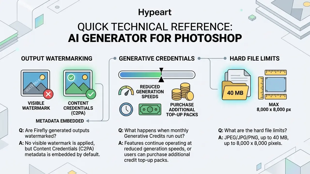 Technical summary of generative credits, C2PA metadata, and file size limits for image generation