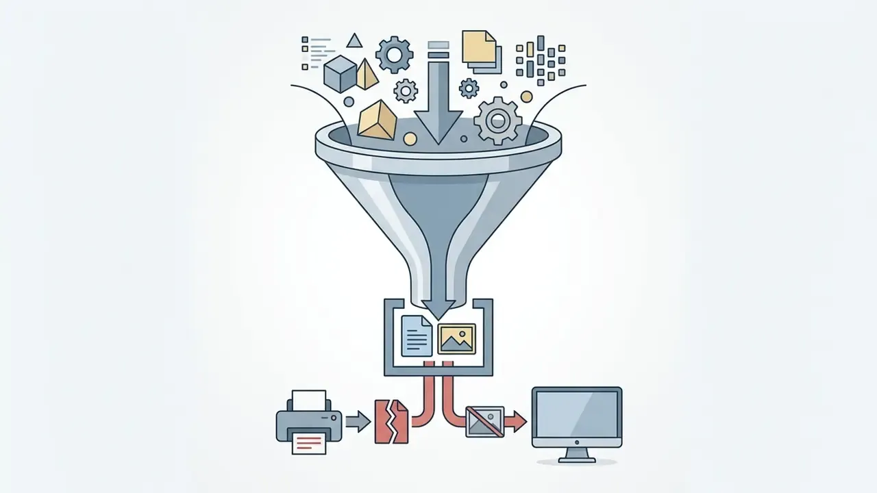 Funnel processing various digital assets into restricted output formats for printing and display
