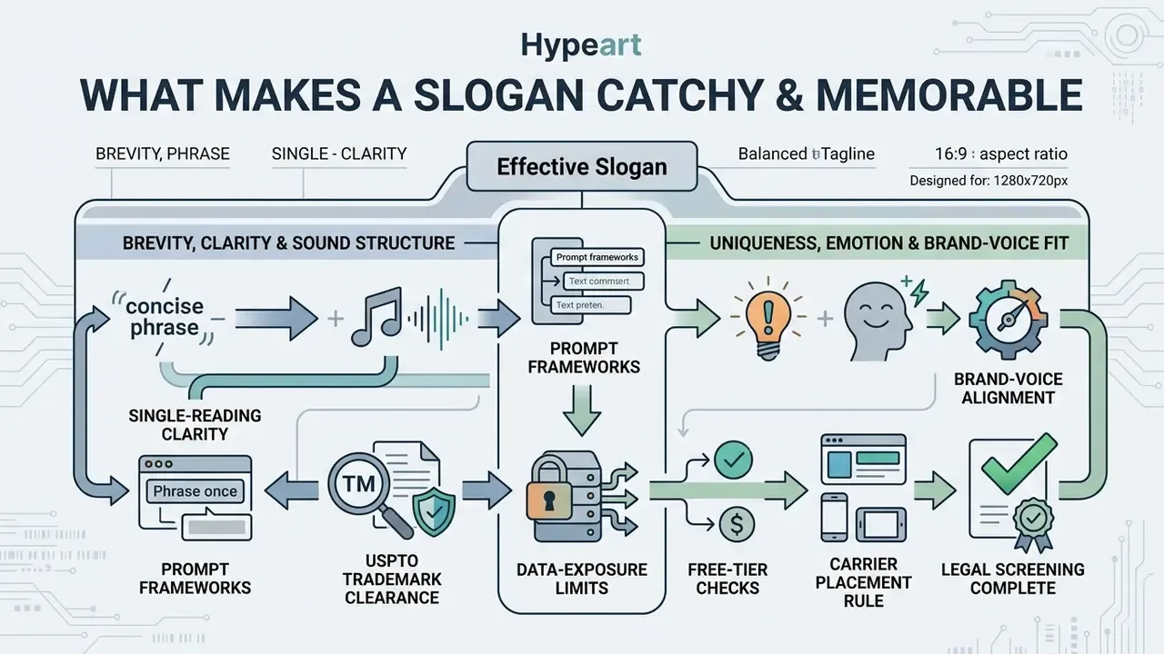 Systematic breakdown of marketing tagline development featuring prompt frameworks and legal verification