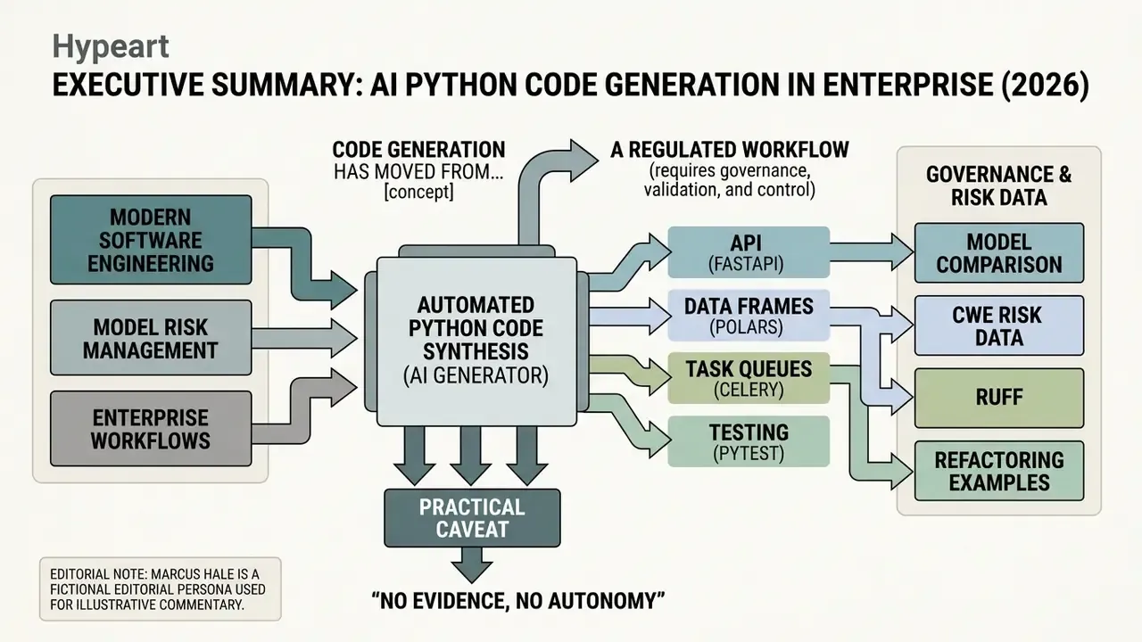 Flowchart showing how an AI Python code generator integrates into regulated enterprise software workflows