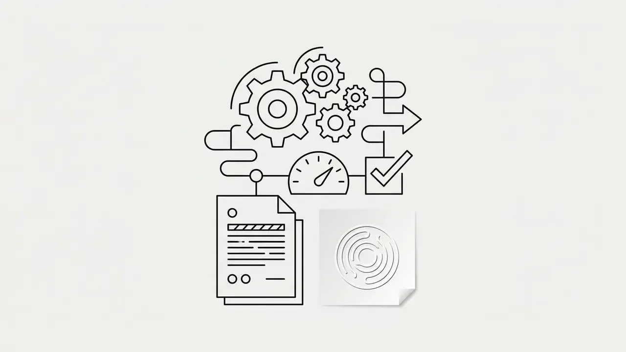 Line art showing interconnected gears, a speedometer, a document, and a square with a circular pattern