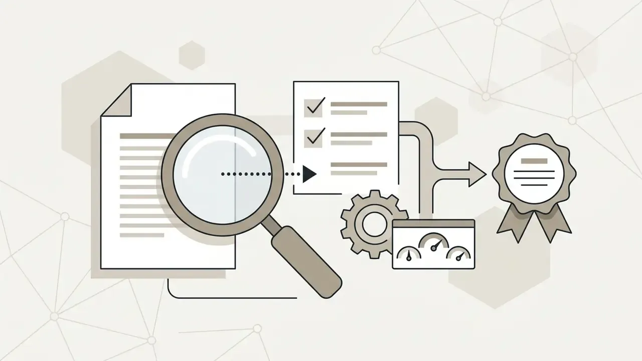 Magnifying glass examining a document leading to a checklist, gear, and gauge before reaching a seal