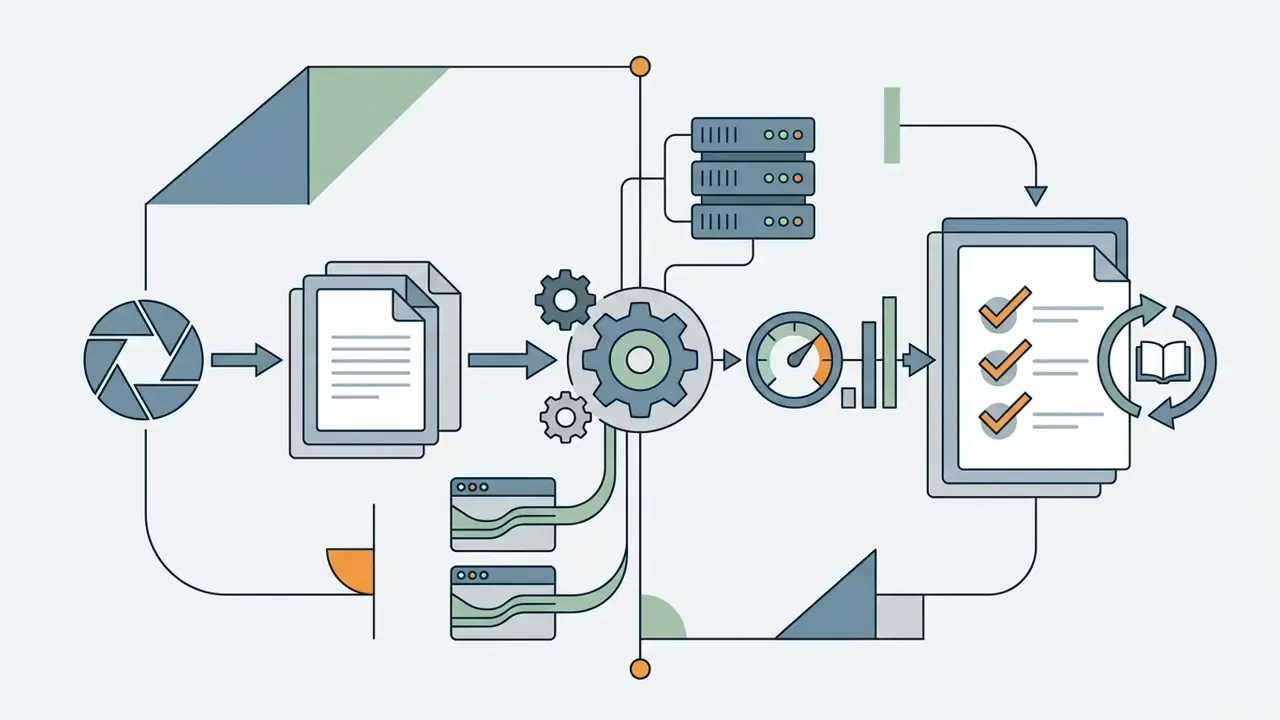 Camera icon and documents feeding into a central gear processor with server and speed metrics for output