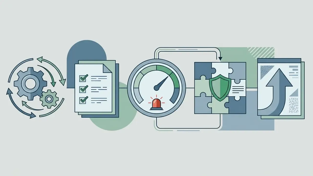 Gears and checklists flow through a gauge and puzzle system to generate a rising trend arrow