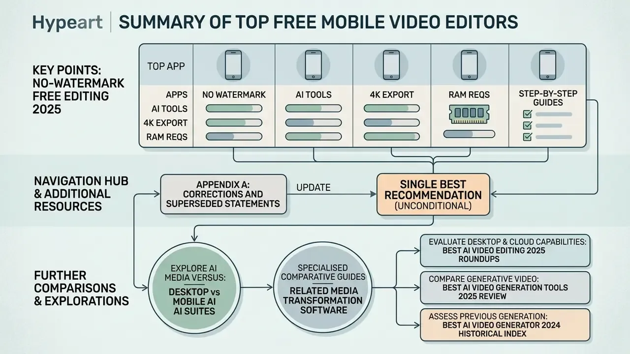 Flowchart showing navigation for free mobile video editing apps and related AI media resources