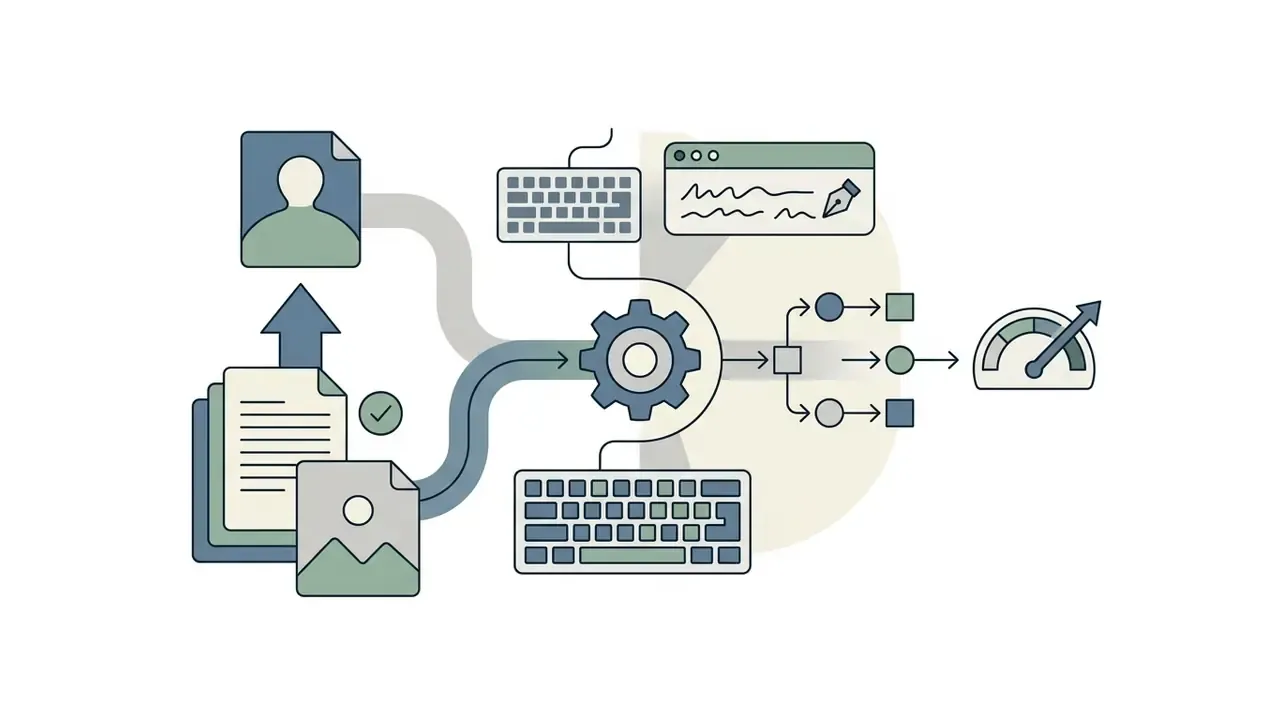 Diagram showing user inputs like photos and text being processed by a central system to generate output