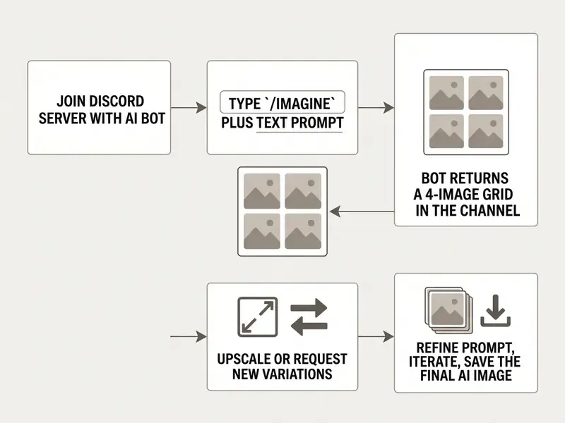 Flowchart showing the steps to use a discord ai image generator from joining a server to saving an image