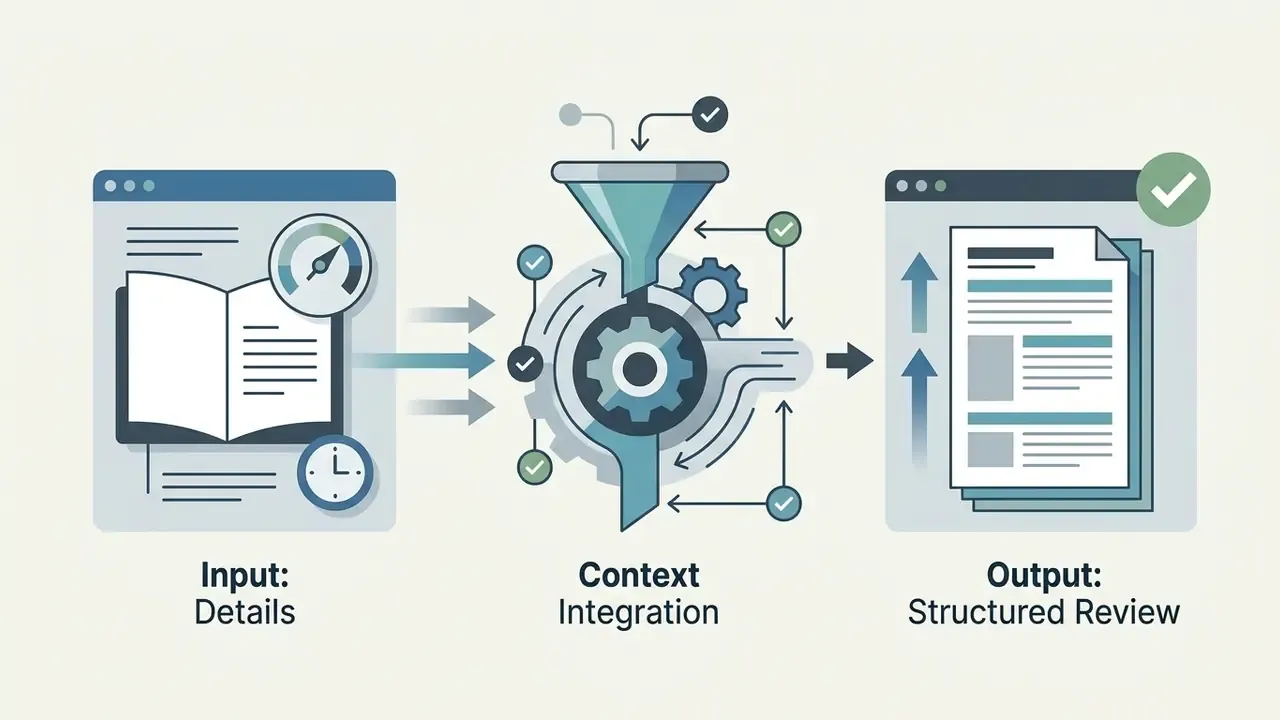 Process diagram showing input details being funneled through a gear system into a structured output document