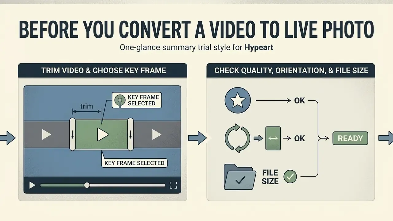 Infographic showing steps to trim a video, select a key frame, and verify quality before conversion