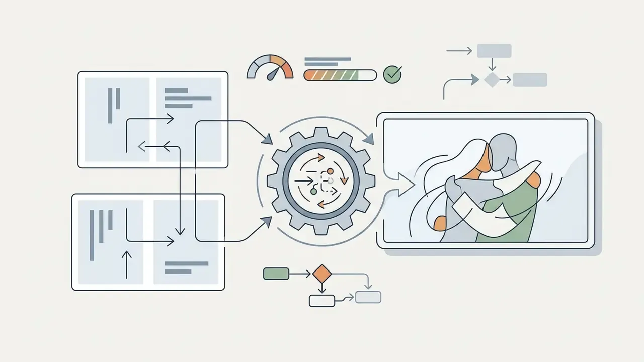 Two static photos feeding into a central gear mechanism that outputs an animation of a couple embracing