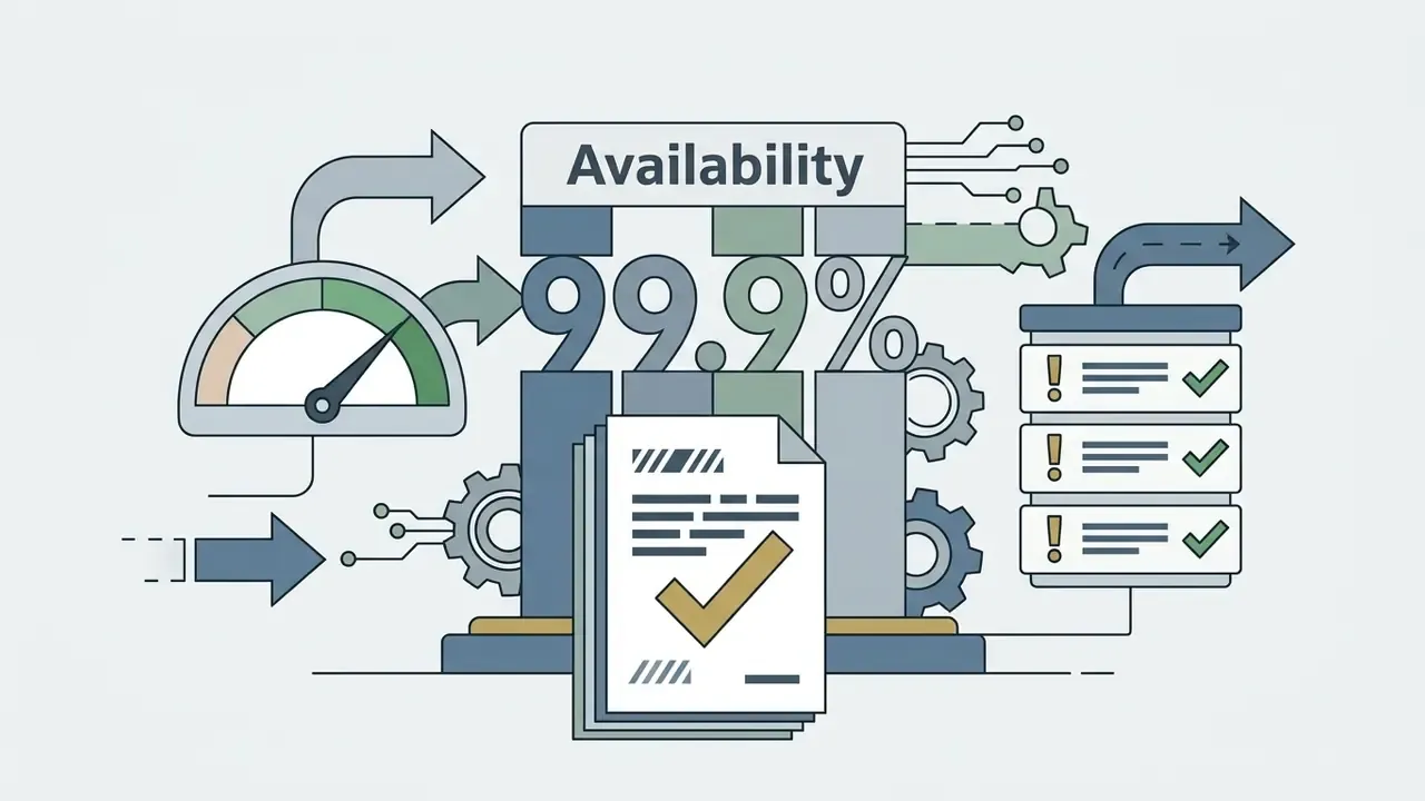Gauge and server icons surrounding a central column displaying percentage stats and a checkmarked paper