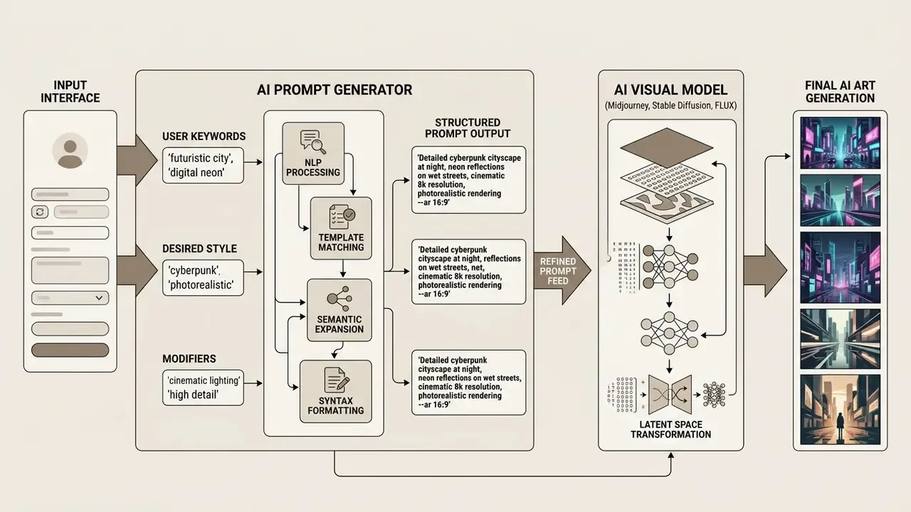 Flowchart displaying how an AI art prompt generator processes user inputs into a visual model output