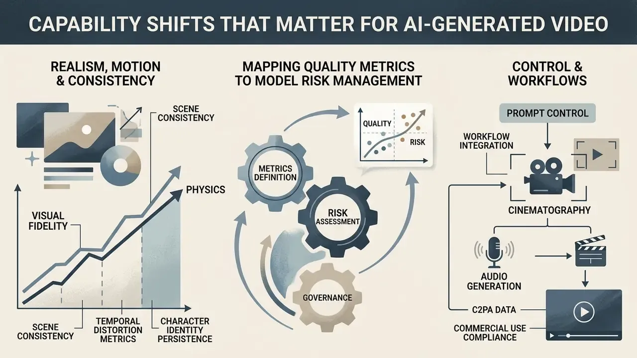 Three-part chart detailing technical metrics, risk management processes, and production workflows for AI video